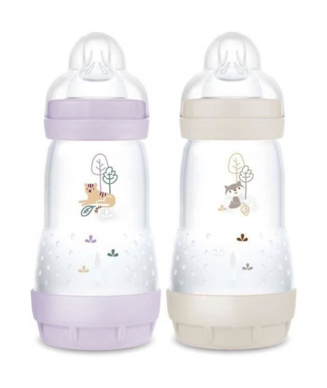 Lot de 2 Biberons - MAM - Easy Start / Anti-Colique - 260 ml - Tétine Débit 2 - Lilas + Sable