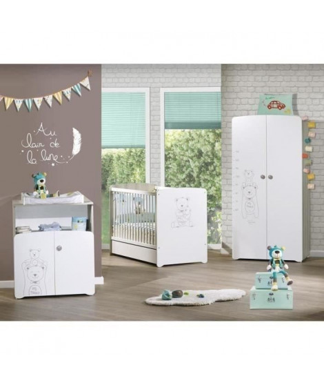 Chambre bébé trio Teddy: lit 120x60, commode a langer et armoire - Babyprice - Blanc