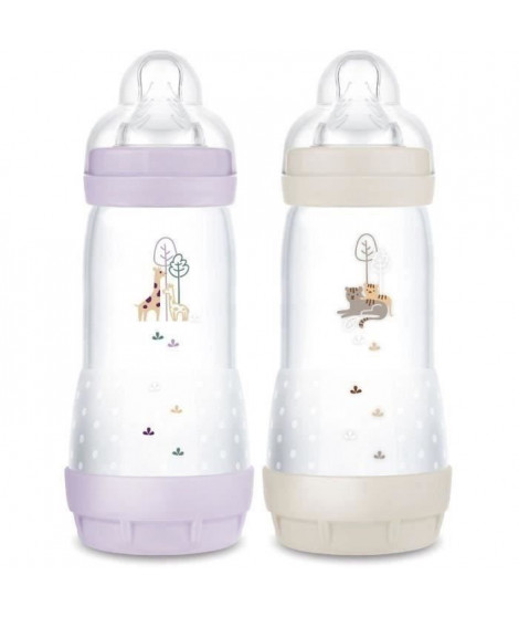 Lot de 2 Biberons - MAM - Easy Start - Anti-colique - 320 ml - Tétine débit 3 - Lilas + Sable