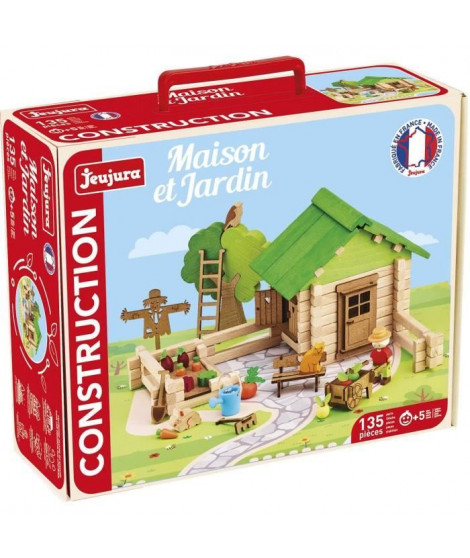 Maison et Jardin 135 Pieces - JEUJURA - Jeu de Construction en Bois Naturel, Tapis et Accessoires Inclus, 32x27x11 cm