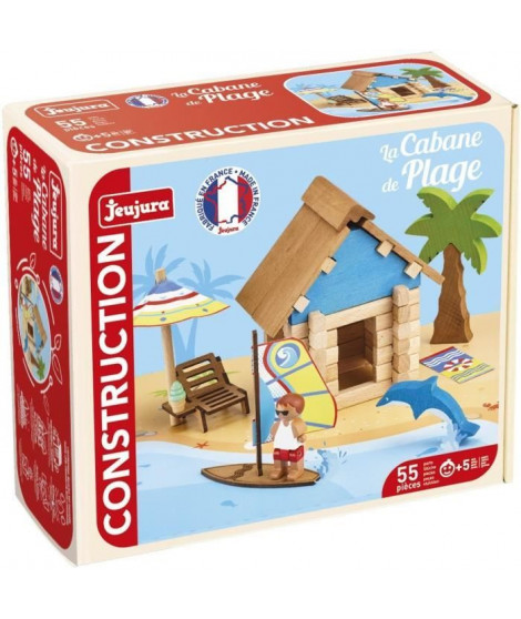 La Cabane de Plage 55 Pieces - JEUJURA - Jeu de Construction en Bois Naturel, Tapis et Accessoires Inclus, 22x18,5x8,5 cm