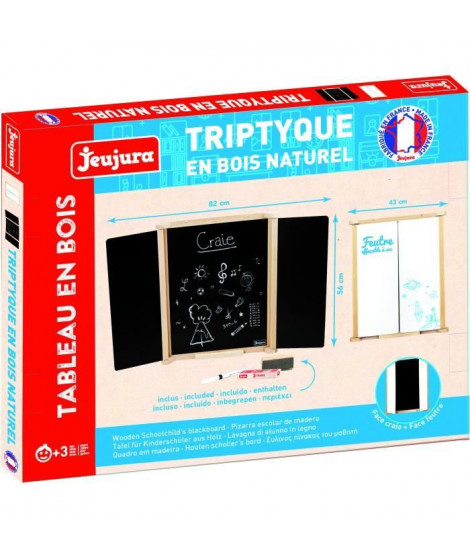 Tableau Triptyque Mural en Bois Naturel - JEUJURA - Ardoise Centrale et Volets Craie/Feutre, Accessoires Inclus, 82x56 cm