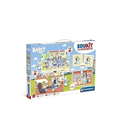 Clementoni - Edukit - Bluey - Coffret apprentissage 4 en 1 - 2 puzzles, 1 mémo, 1 jeu de 6 cubes - Fabriqué en Italie - Dés 4ans