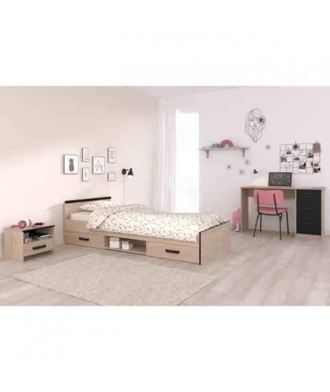 Chambre complete enfant 3 pieces ZODIAC - Lit + chevet + bureau - Décor chene/noir - PARISOT