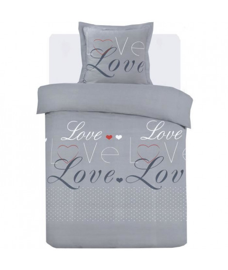 Parure Housse de couette - VISION - Love - 140 x 200 cm - 1 taie assortie 65 x 65 cm - Gris -  100% coton