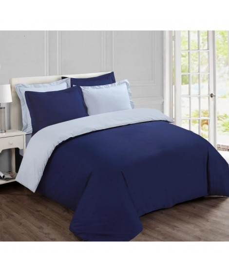 VISION - Parure housse de couette - Réversible Uni Marine et gris 140x200cm - 100% coton
