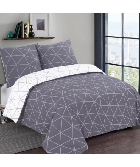 VISION - Parure de lit  HUGO gris réversible - 100%Coton - 1 housse de couette 140x200cm + 1 taie 65x65cm - Gris-blanc