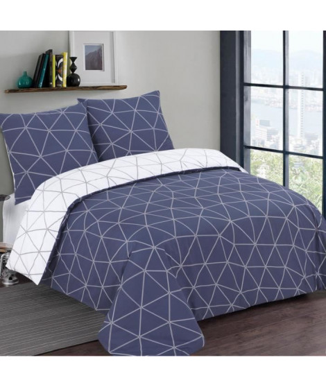VISION - Parure de lit HUGO marine Réversible - 100% Coton - 1 housse de couette 260x240cm + 2 taies 65x65cm - Marine