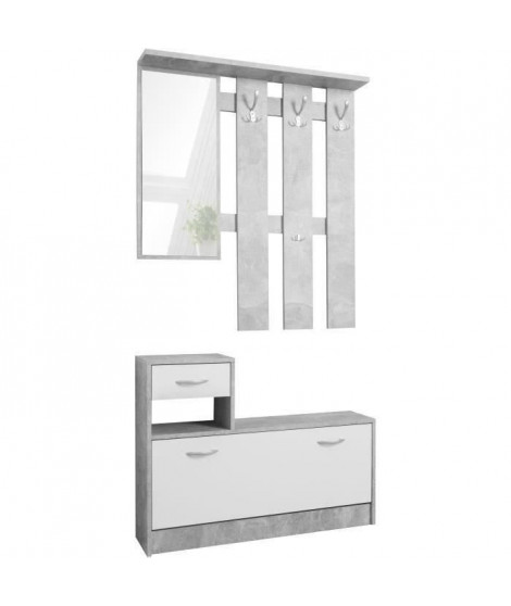 Vestiaire Rudolf - Décor béton structuré / blanc - 100 x 180 x 25 cm - 1 meuble a chaussures -  1 miroir - 4 crochets