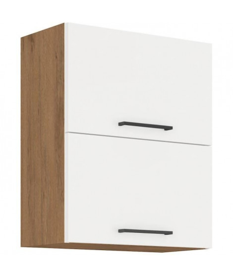ROCK - Meuble haut - Mélaminé chene Lancelot et Blanc brillant - 60 cm - 2 portes basculantes