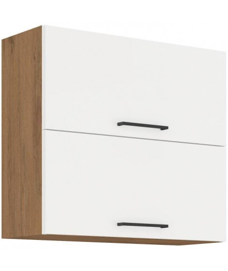 ROCK - Meuble haut - Mélaminé chene Lancelot et Blanc brillant - 80 cm - 2 portes basculantes