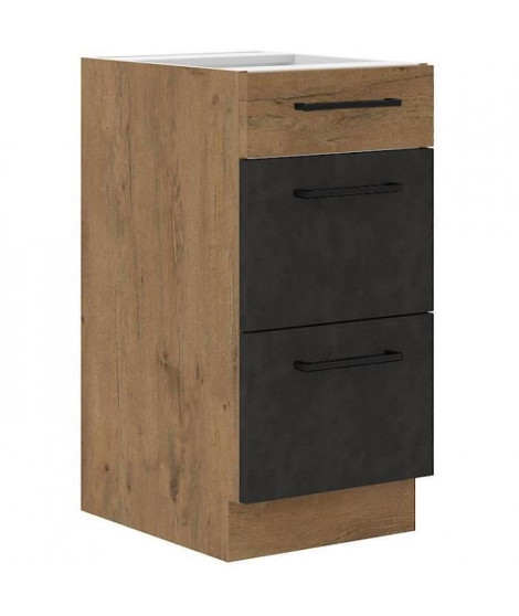 ROCK - Meuble casserolier - 3 tiroirs - 40 cm - Chene Lancelot et gris matera - CUISINIER