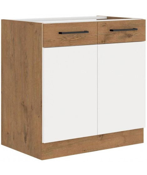 ROCK - Meuble bas - Mélaminé decor chene Lancelot et Blanc - 80 cm - 2 portes battantes