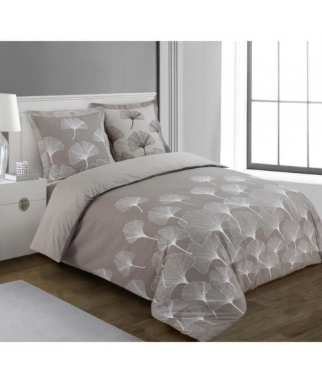 VISION - Parure de lit  réversible GINKO  - 100%Coton - 1 housse de couette 200x200cm + 2 taies d'oreiller 65x65cm - Beige