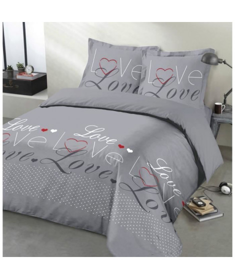 VISION - Parure de lit Love - 100% coton - 1 housse de couette 200 x 200 cm + 2 taies d'oreiller 65 x 65 cm - Gris
