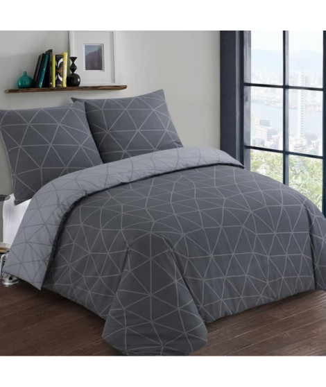 VISION Parure de couette Hugo - 100% coton - 1 housse de couette 140 x 200 cm + 1 taie d'oreiller 65 x 65 cm - Gris anthracite