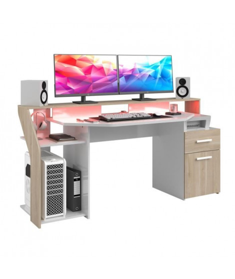 Bureau Silver avec LED - Décor chene et  mélamine blanc brillant - L 178 x P 88 x H 68 cm - PARISOT