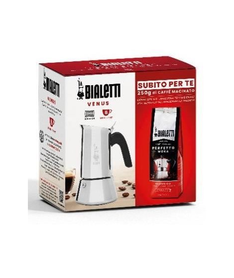 Cafetiere italienne + 1 Café Perfetto Moka Classico - BIALETTI - VENUS - 6 tasses - 0,30 L - Paquet de 250 g - Argent