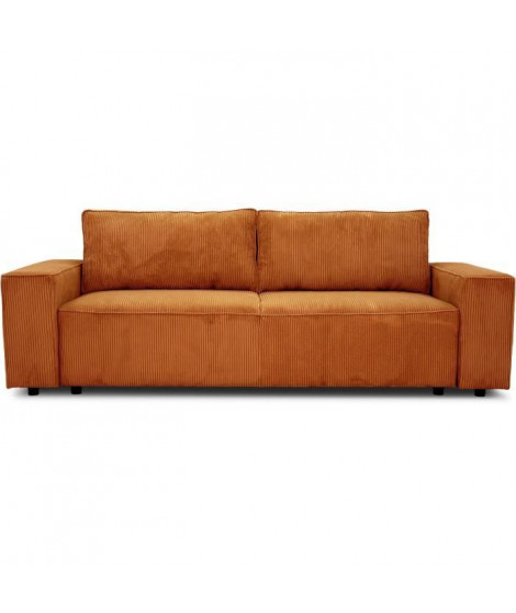 Canapé convertible 3 places JOSH - Tissu velours cotelé terracotta - L 239 x P 86 x H 85 cm - Coffre de rangement