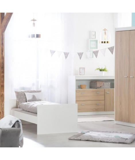 Chambre bébé duo - Lit évolutif 70 x 140 cm + Commode a langer avec plan a langer inclus - ROBA - Bicolore blanc / décor chen…