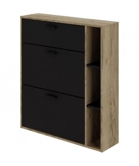 Meuble a chaussures LEONA 2 Portes - Mélaminé noir et contour chene rustique - 8 a 10 paires - L90 x P25 x H102 cm