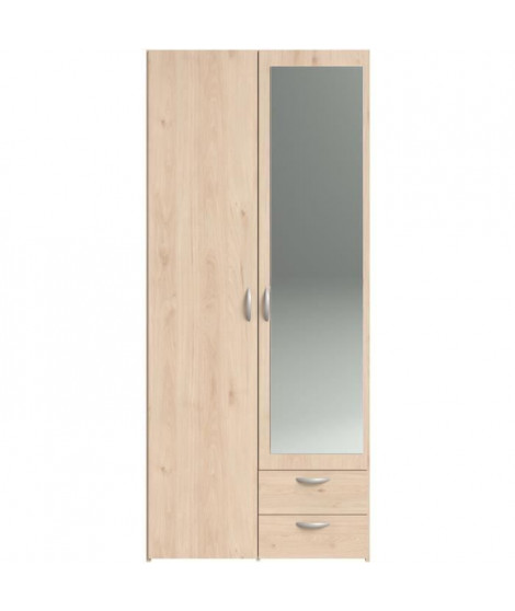 Armoire de chambre - VARIA - Décor chene - 2 portes dont 1 avec miroir - 2 tiroirs - 81 x 51 x 185 cm - PARISOT