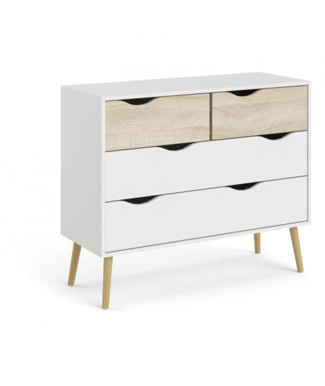 Commode 4 tiroirs - Blanc / Chene - Pietement évasé en bois massif - 98,7 x 39,1 x 81,7 cm - TVILUM