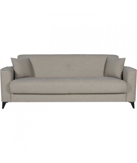 Canapé convertible 3 places - BERGAMO - Tissu beige - 2 coussins - coffre de rangement -  230 x 85 x 89 cm
