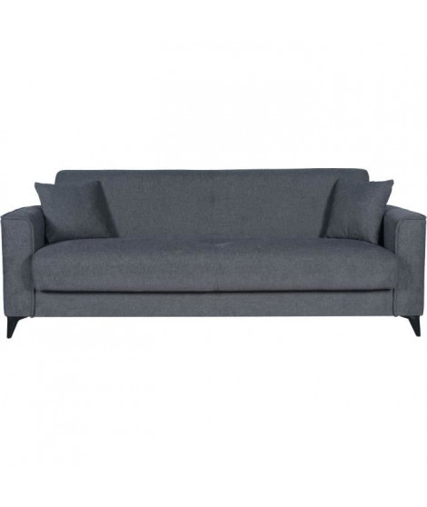 Canapé convertible 3 places - BERGAMO - Tissu gris foncé - 2 coussins - coffre de rangement -  230 x 85 x 89 cm