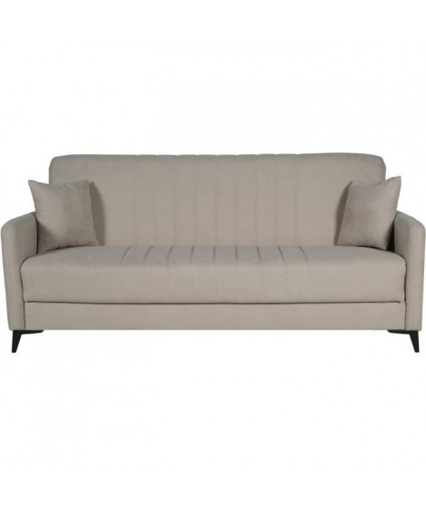 Canapé convertible - 3 places  - ENZO - Tissu beige - 2 coussins - Coffre de rangement -  211 x 92 x 98 cm