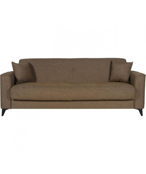 Canapé convertible 3 places - BERGAMO - Tissu marron - 2 coussins - coffre de rangement -  230 x 85 x 89 cm