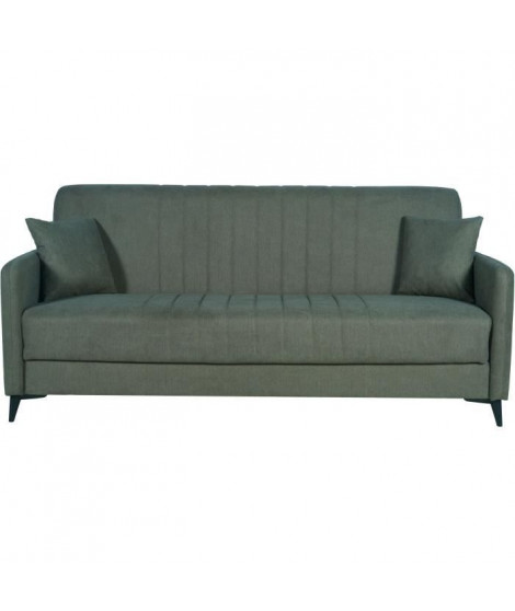 Canapé convertible - 3 places  - ENZO - Tissu vert foncé - 2 coussins - Coffre de rangement -  211 x 92 x 98 cm