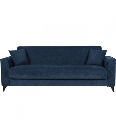 Canapé convertible 3 places - BERGAMO - Tissu bleu foncé - 2 coussins - coffre de rangement -  230 x 85 x 89 cm