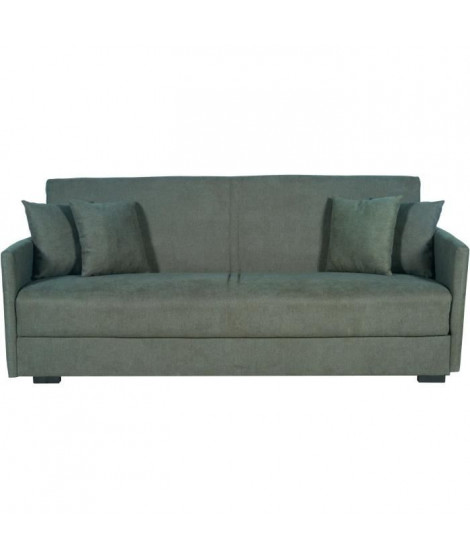 Canapé convertible 3 places - BIANCA - Tissu vert foncé - 4 coussins - Coffre de rangement -  204 x 92 x 91 cm