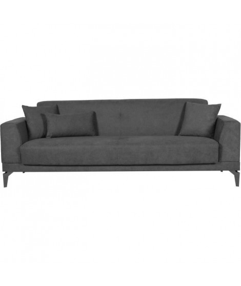 Canapé convertible 3 places  - HENRY - Tissu gris clair - 3 coussins - coffre de rangement -  234 x 85 x 84 cm