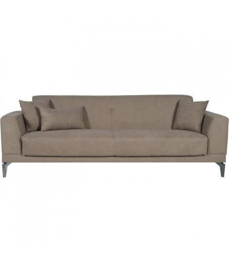 Canapé convertible 3 places  - HENRY - Tissu marron - 3 coussins - coffre de rangement -  234 x 85 x 84 cm