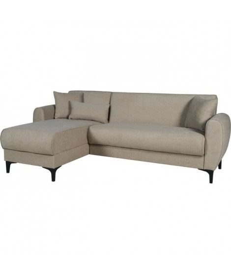 Canapé d'angle convertible réversible - 3 / 4 personnes - BILBAO - Coffre - 3 coussins - Tissu beige - 229 x 81 / 154 x 84 cm