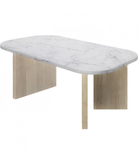 Table basse ovale - QUARTZ - Blanc effet marbre - Pieds épais en chene - 105 x 58 x 39 cm - DIAGONE
