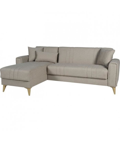 Canapé d'angle convertible réversible - 3 / 4 personnes - OMEGA - Tissu beige - Coffre - 3 coussins - 225 x 81/151 x 84 cm