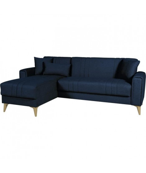 Canapé d'angle convertible réversible - 3 / 4 personnes - OMEGA - Tissu bleu foncé - Coffre - 3 coussins - 225 x 81/151 x 84 cm