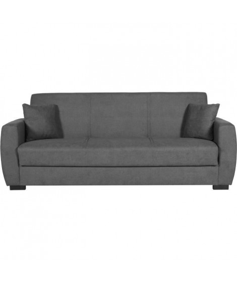 Canapé convertible 3 places - OSCAR - Tissu gris clair - 2 coussins - Coffre de rangement -  226 x 84 x 92 cm