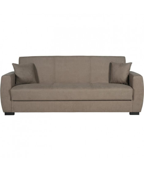Canapé convertible 3 places - OSCAR - Tissu beige - 2 coussins - Coffre de rangement -  226 x 84 x 92 cm
