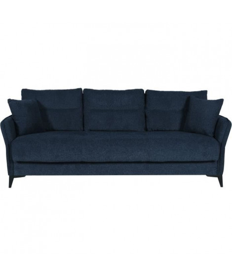 Canapé convertible 3 places  - OTTOWA - Tissu bleu foncé - 2 coussins - Coffre de rangement -  217 x 92 x 85 cm