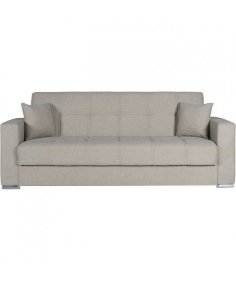 Canapé convertible 3 places  - ALBA - Tissu beige - 2 coussins - Coffre de rangement - 226 x 85 x 92 cm