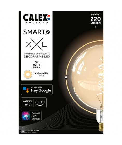 Ampoule LED E27 - CALEX - G200 SMART GLOBE - Simple filament spirale - 5 W - 220 lm - 1800 K - Intensité variable - Or