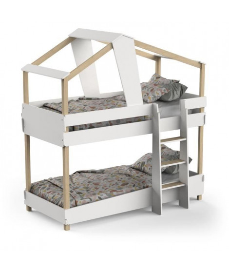 DEMEYERE Lits superposés TIMBER - 90 x 200 cm - Sommier a lattes - Décor bois et blanc