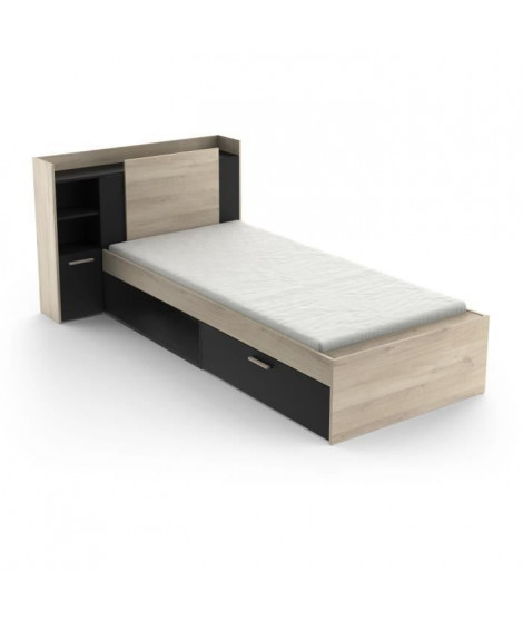 Lit extensible LIFE - DEMEYERE - 90 x 190/200 cm - Tirroir + niche - Chene kronberg et mélamine noir mat