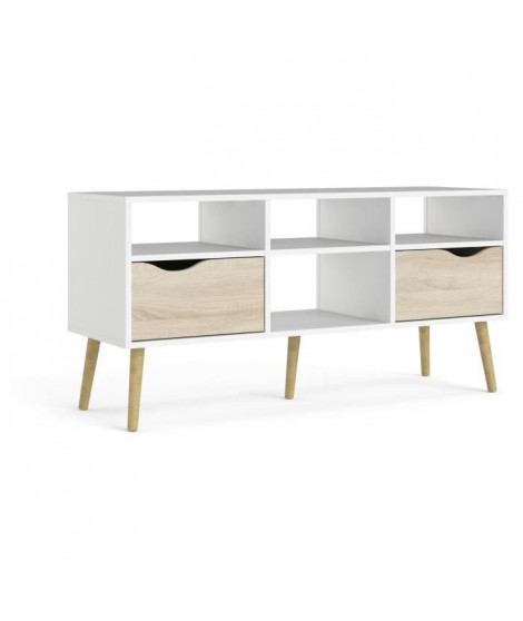 Meuble TV - 4 niches 2 tiroirs - Blanc / Chene - 117,2 x 39,1 x 57,4 cm - TVILUM