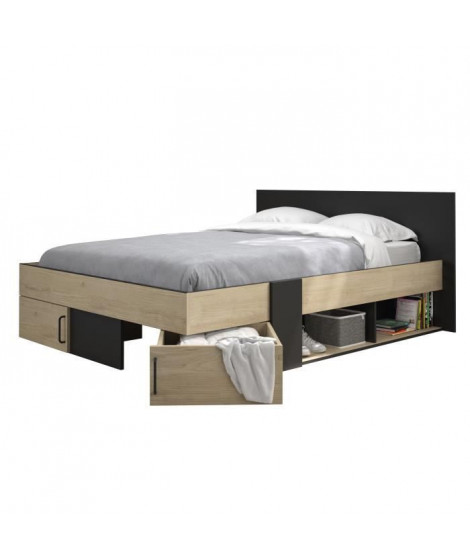 DIAGONE Lit adulte avec tiroirs de rangement  - Chataignier et noir - 140 x 190 - SWIVEL