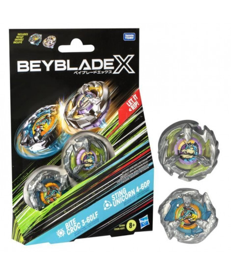 Beyblade X Dual Pack Bite Croc 3-60LF et Sting Unicorn 4-60P, 2 toupies de compétition a rotation droite, Des 8 ans